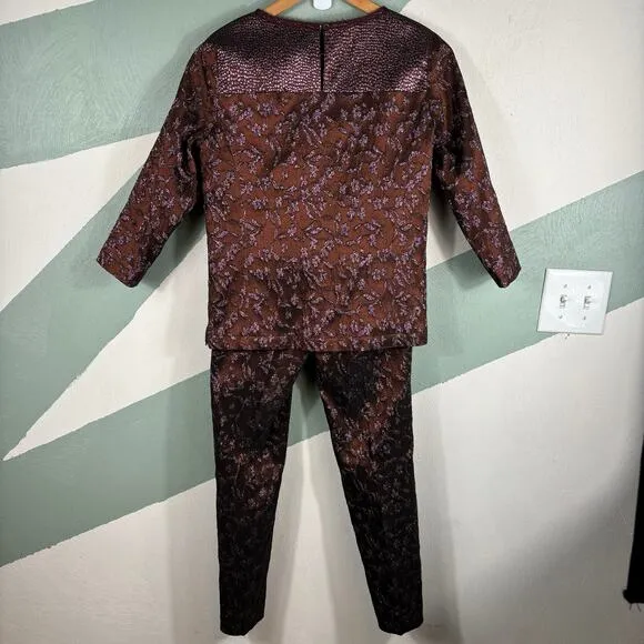 Carlisle New York Women  2 Red Wine Floral Side Zip Top and Pants Evening Wear