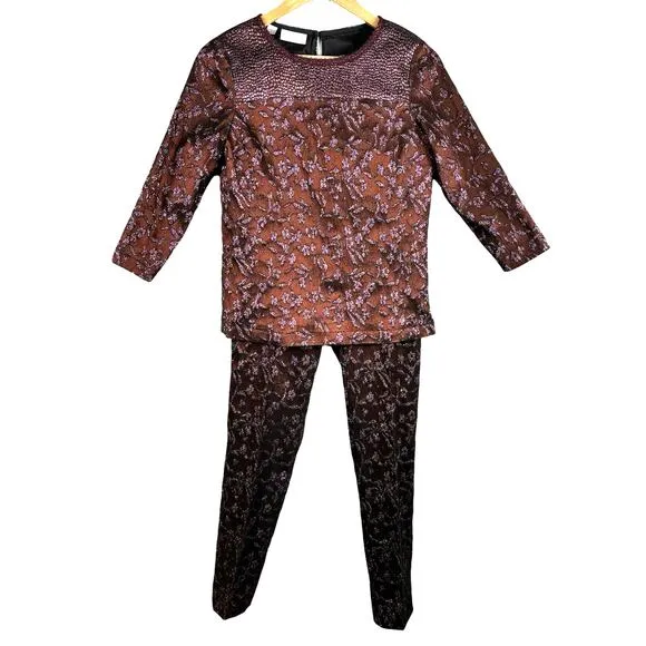 Carlisle New York Women  2 Red Wine Floral Side Zip Top and Pants Evening Wear
