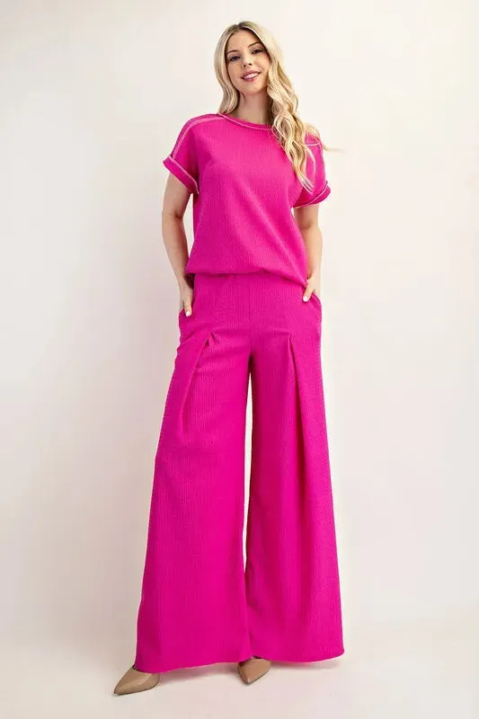 Celeste Textured Wide-Leg Pants with Pockets for Women