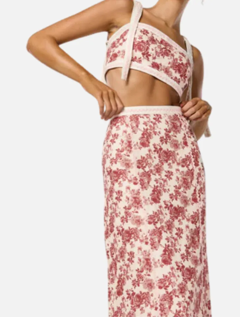 Cherri Midi Skirt - Red Floral Print