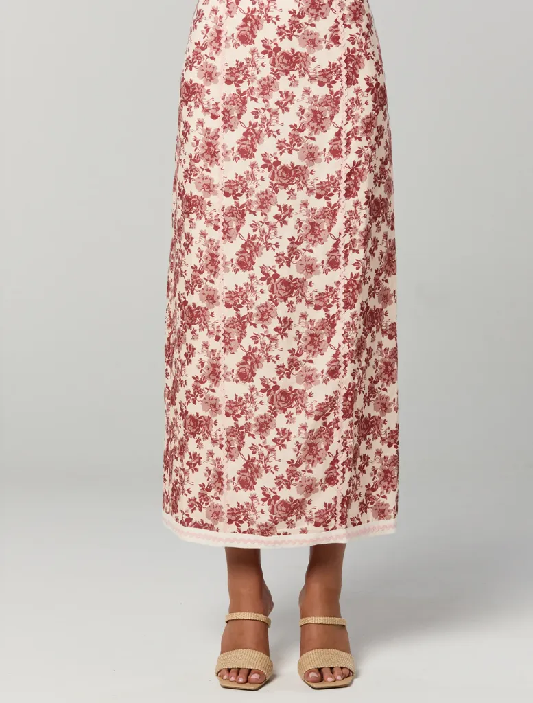 Cherri Midi Skirt - Red Floral Print