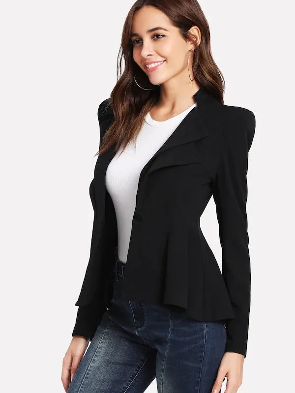 CM-CS127703 Women Elegant Seoul Style Structured Shoulder Layered Collar Peplum Blazer - Black