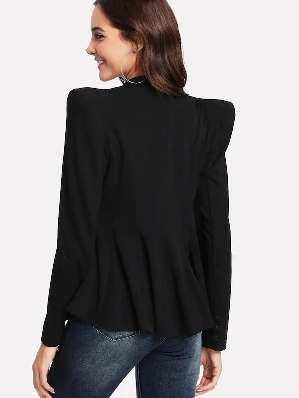 CM-CS127703 Women Elegant Seoul Style Structured Shoulder Layered Collar Peplum Blazer - Black