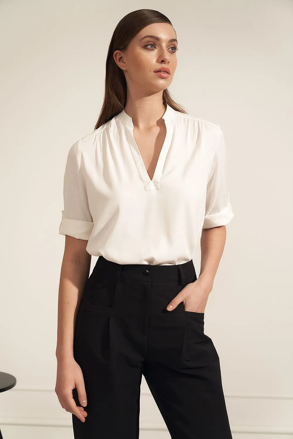 Creased Neckline Casual Blouse