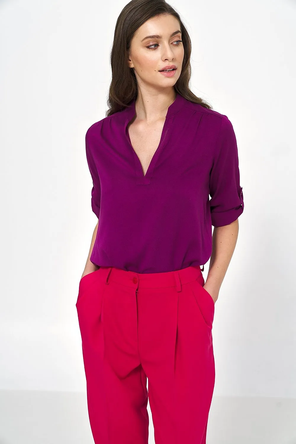 Creased Neckline Casual Blouse