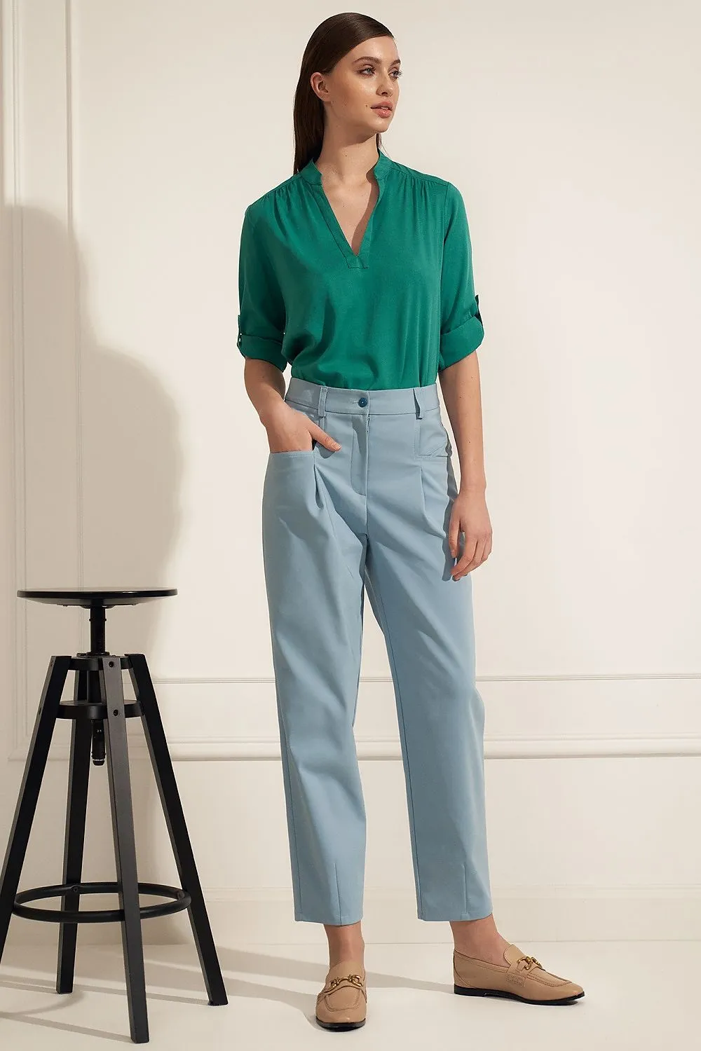 Creased Neckline Casual Blouse
