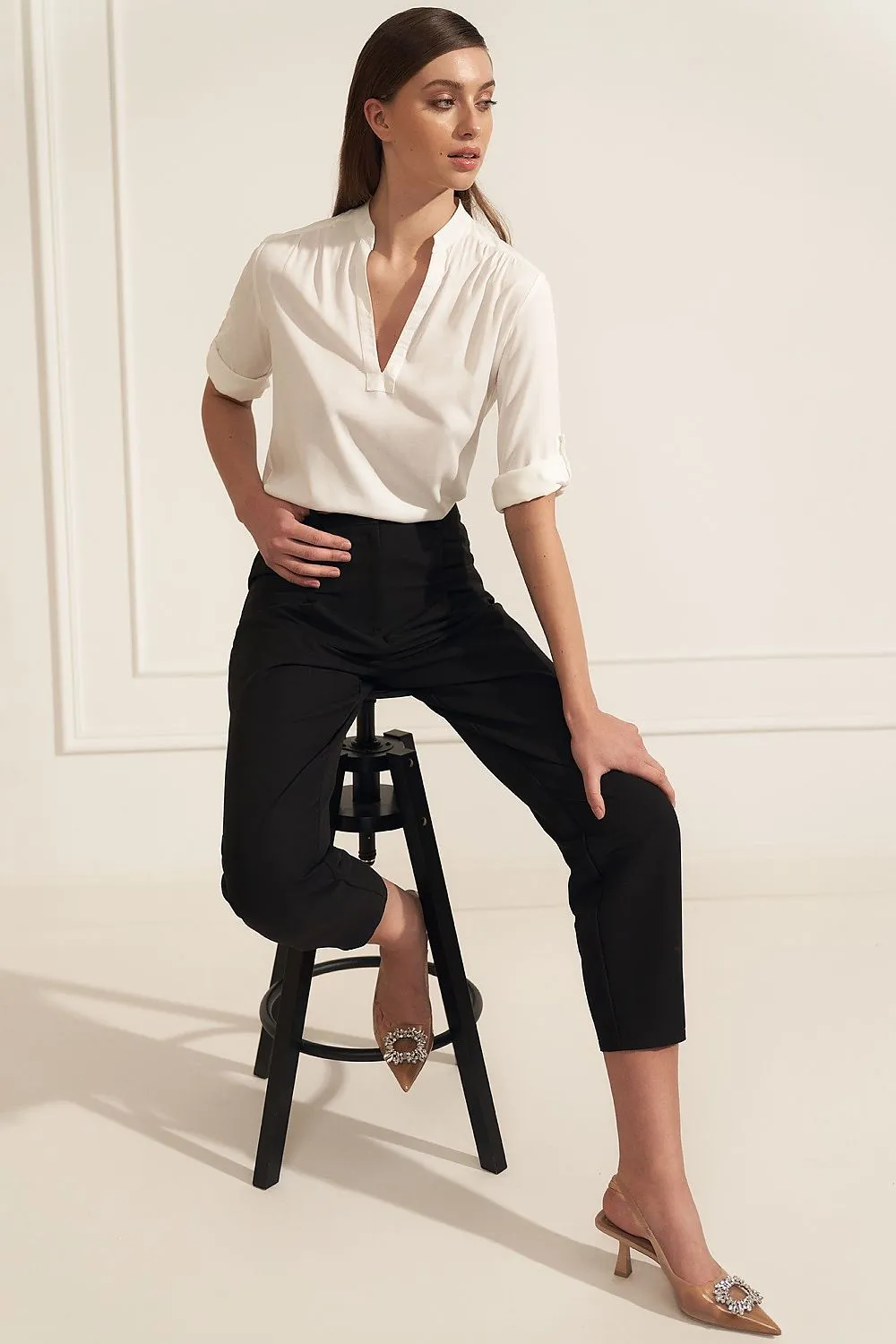Creased Neckline Casual Blouse