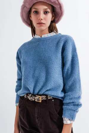 Crew neck jumper in rib with fluffy yarn in blue