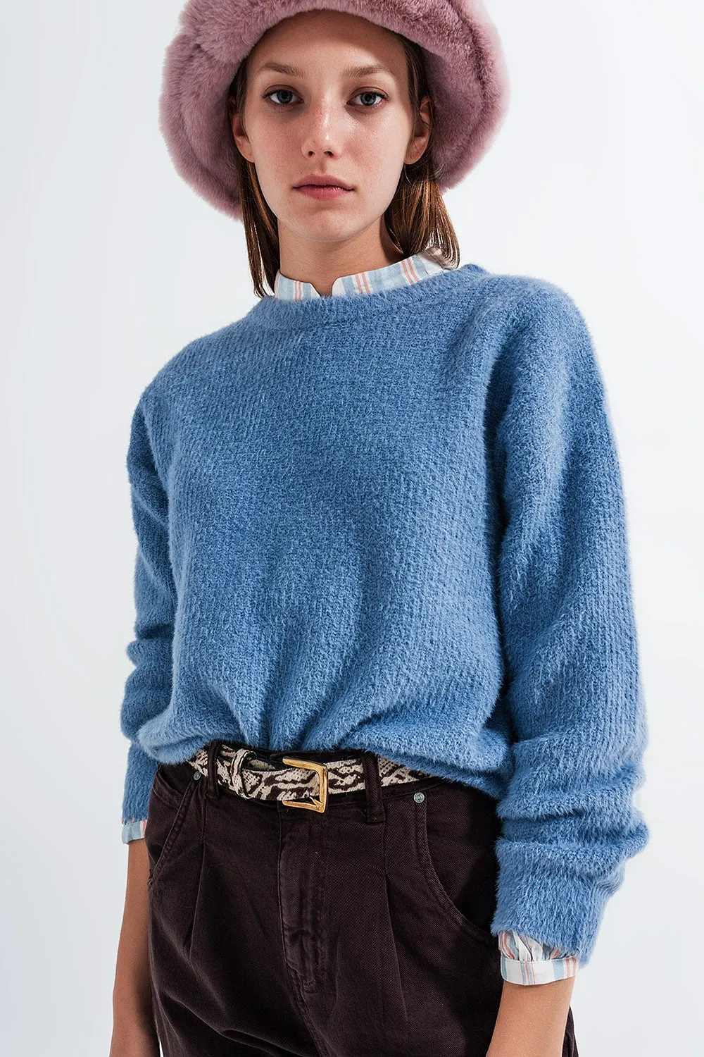 Crew neck jumper in rib with fluffy yarn in blue