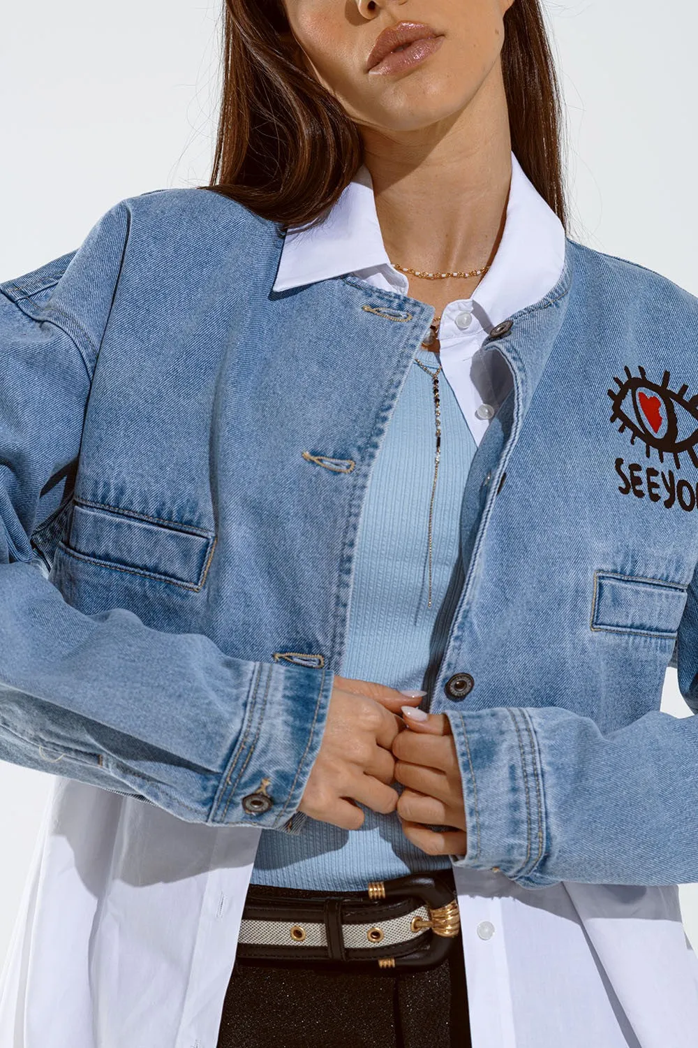 CROPPED DENIM JACKET WITH HAND PAINTED PRINT