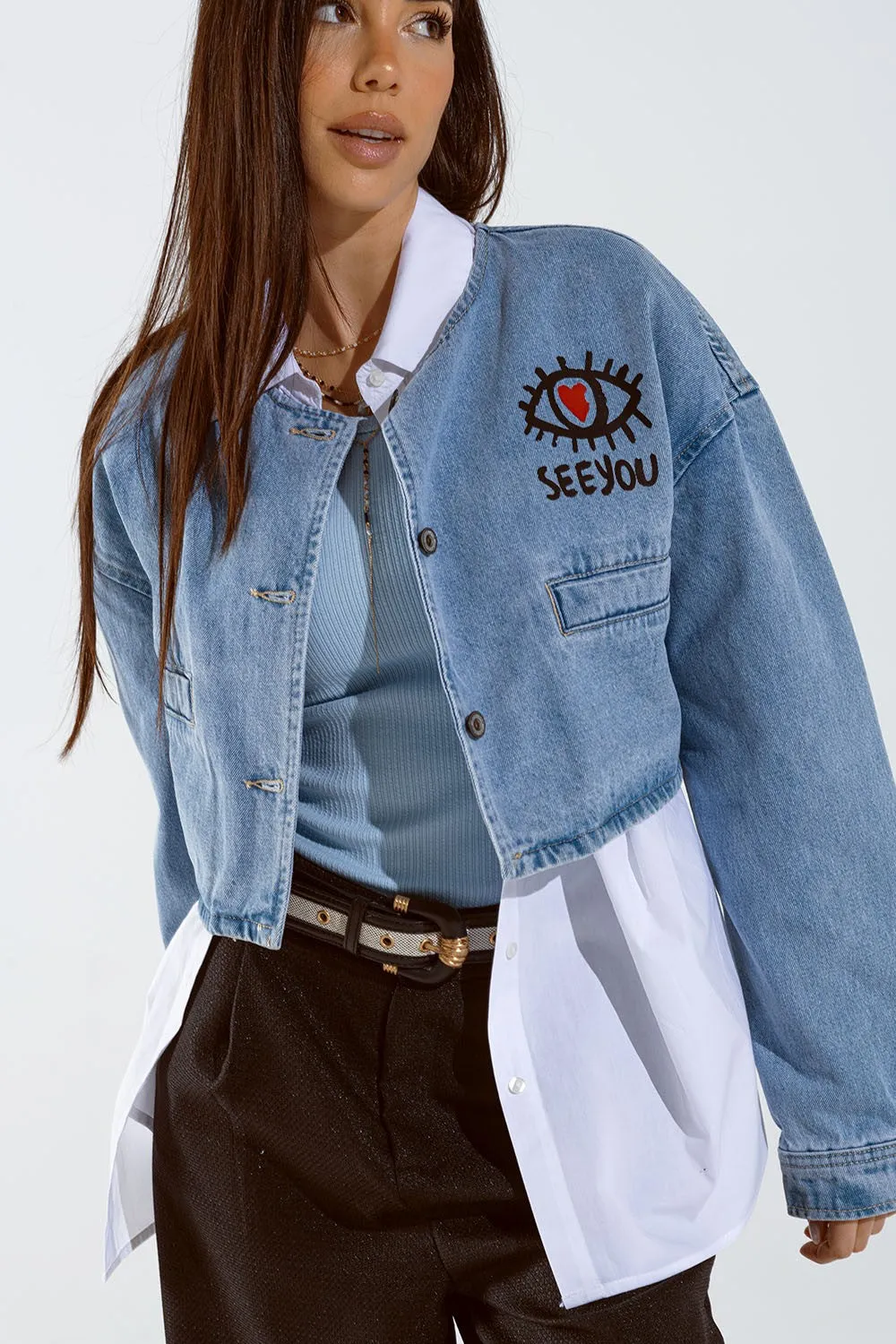 CROPPED DENIM JACKET WITH HAND PAINTED PRINT