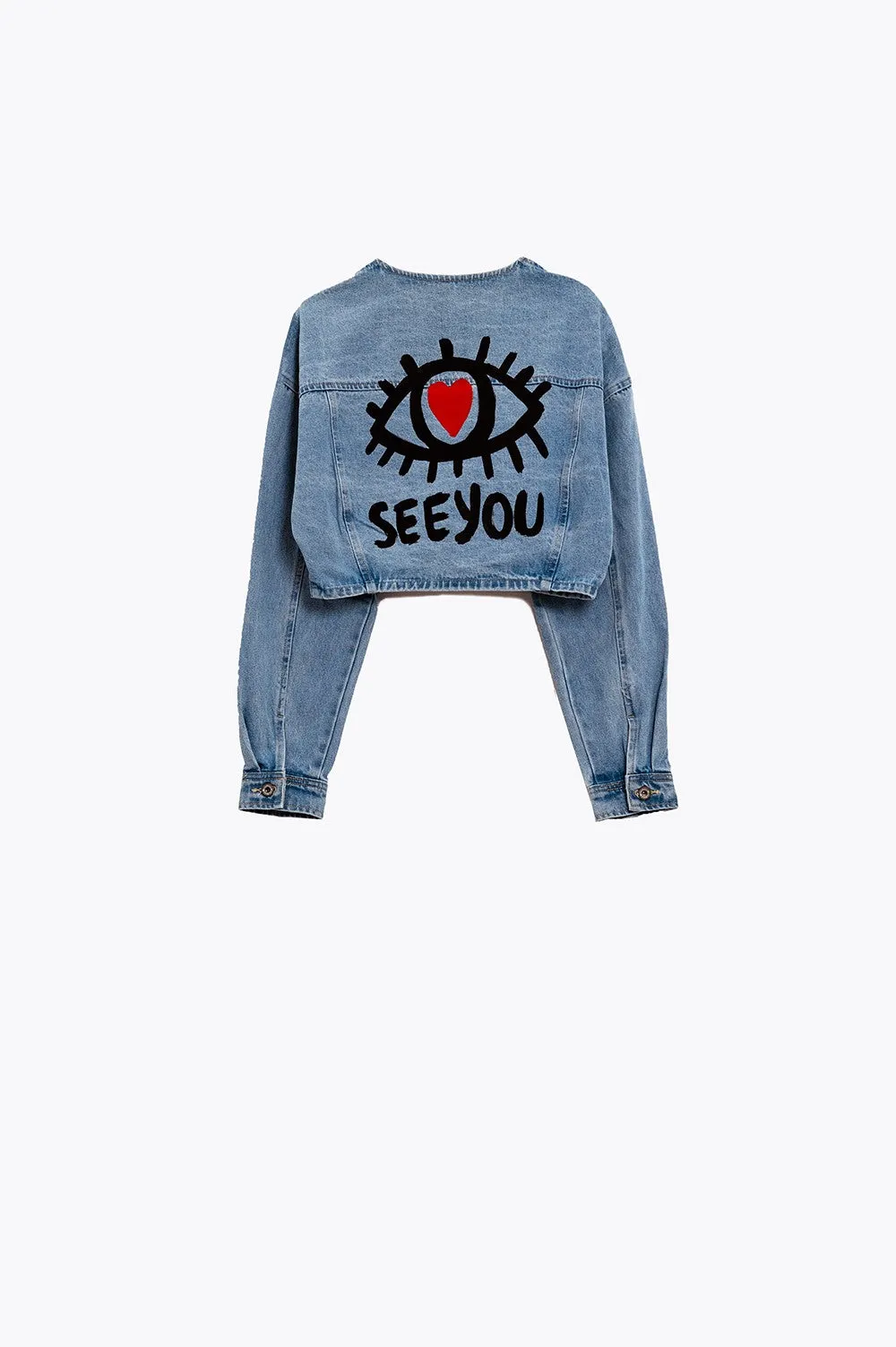 CROPPED DENIM JACKET WITH HAND PAINTED PRINT