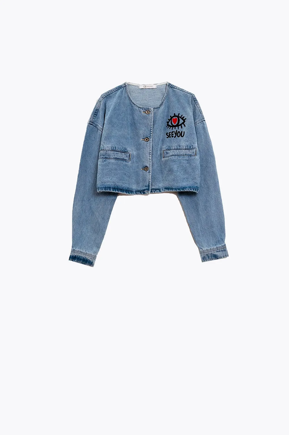 CROPPED DENIM JACKET WITH HAND PAINTED PRINT