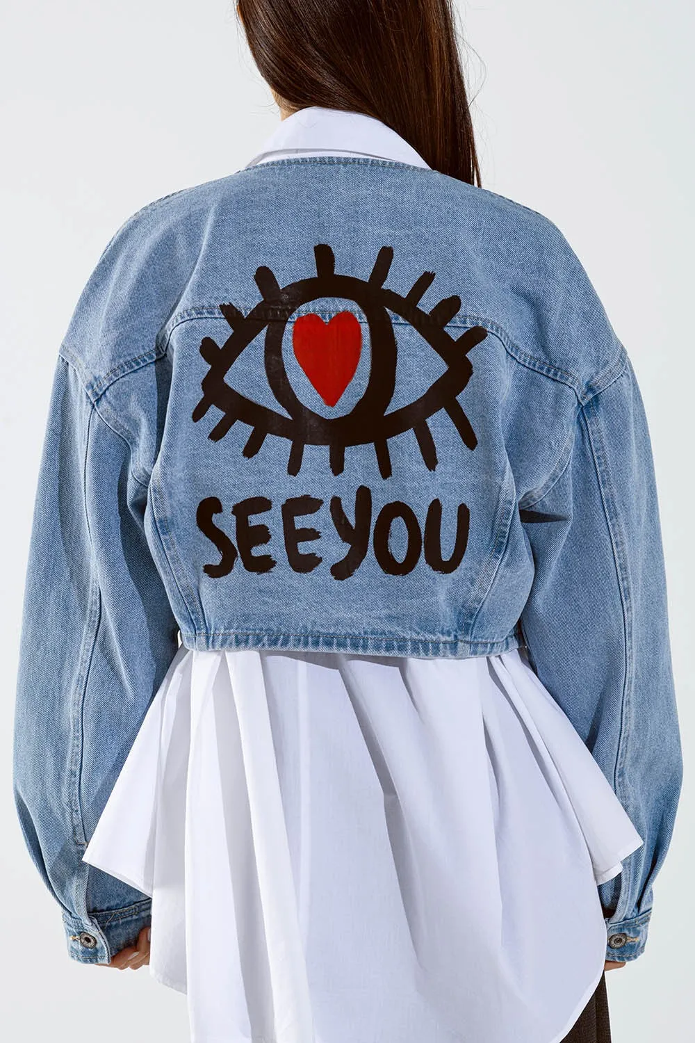 CROPPED DENIM JACKET WITH HAND PAINTED PRINT