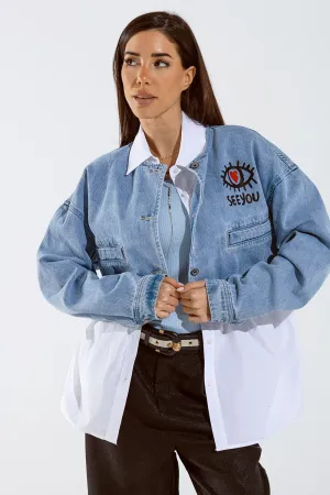 CROPPED DENIM JACKET WITH HAND PAINTED PRINT
