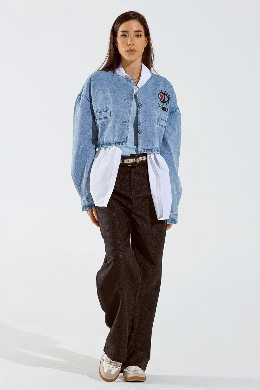 CROPPED DENIM JACKET WITH HAND PAINTED PRINT