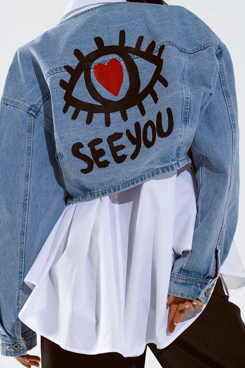 CROPPED DENIM JACKET WITH HAND PAINTED PRINT
