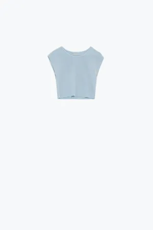 Cropped Knitted Short Sleeves T-shirt in Blue