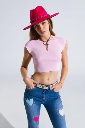 Cropped Knitted Short Sleeves T-shirt in Pink