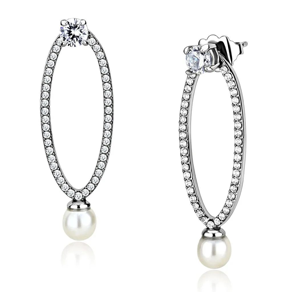 DA223 High polished (no plating) Stainless Steel Earrings with Synthetic in White