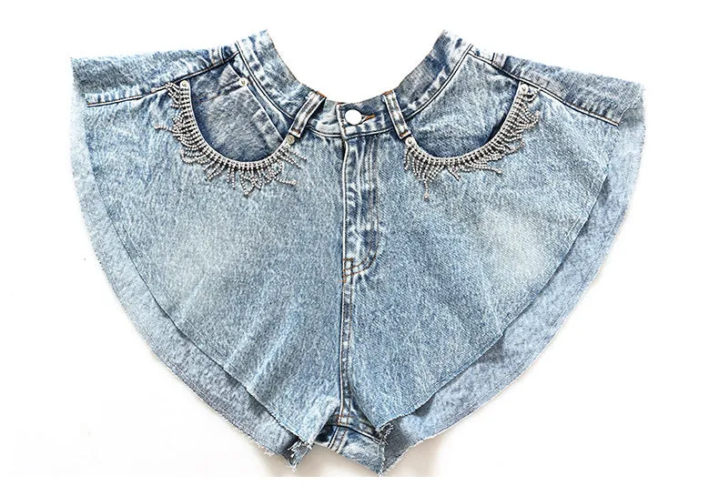 Denim Shorts Ruffled Hem Large Wide Leg Denim Shorts Pants Faux