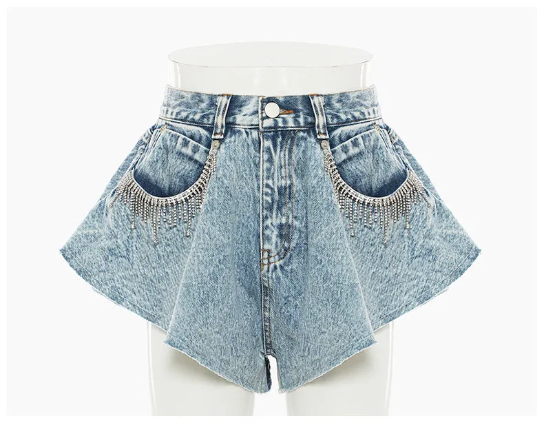 Denim Shorts Ruffled Hem Large Wide Leg Denim Shorts Pants Faux
