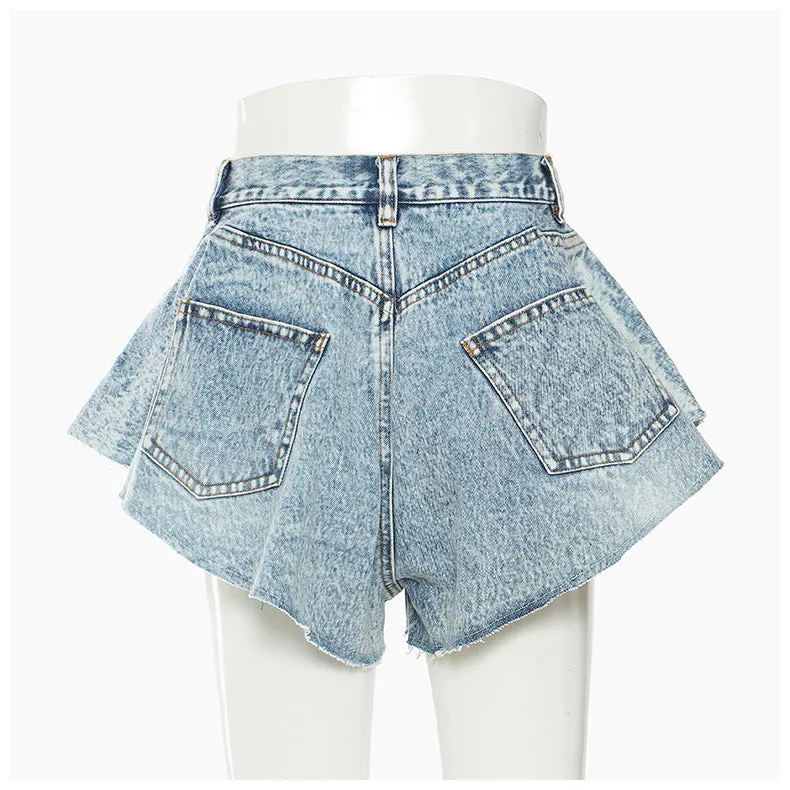 Denim Shorts Ruffled Hem Large Wide Leg Denim Shorts Pants Faux