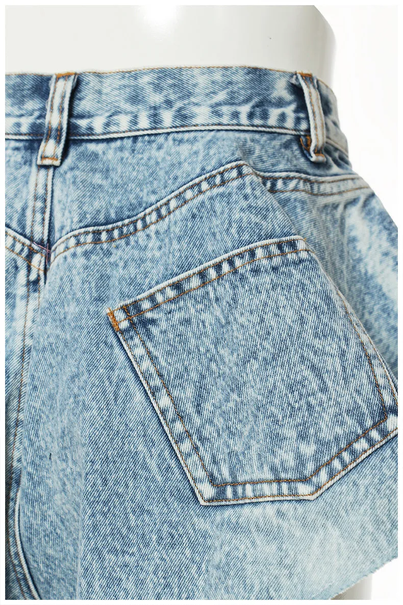 Denim Shorts Ruffled Hem Large Wide Leg Denim Shorts Pants Faux
