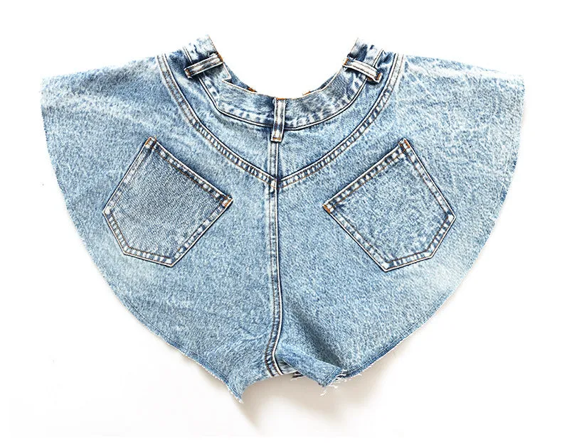 Denim Shorts Ruffled Hem Large Wide Leg Denim Shorts Pants Faux