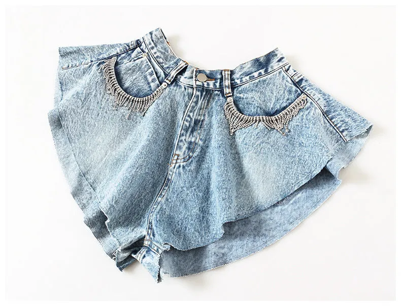 Denim Shorts Ruffled Hem Large Wide Leg Denim Shorts Pants Faux