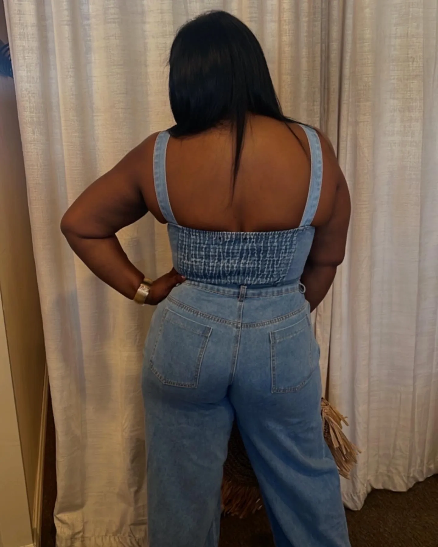 Denim Strap Button Crop Top & Wide Leg Pants