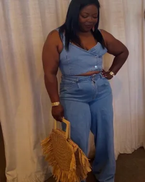 Denim Strap Button Crop Top & Wide Leg Pants