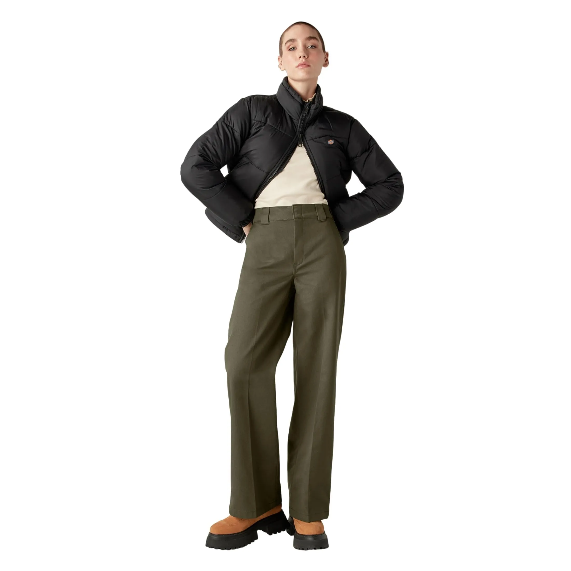 Dickies Women's Regular Fit Wide Leg Work Pants, Military Green, 0 Regular