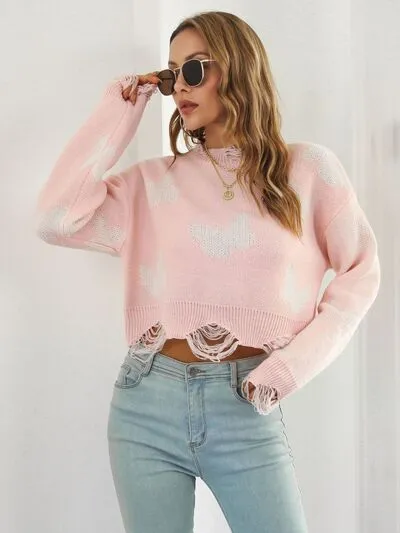 Distressed Butterfly Cropped Sweater