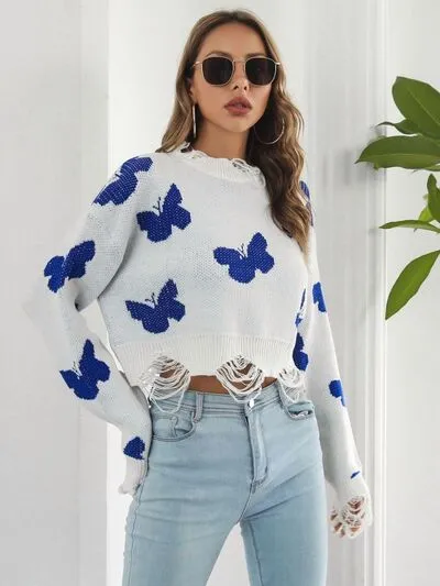 Distressed Butterfly Cropped Sweater