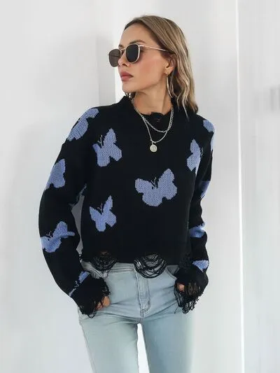 Distressed Butterfly Cropped Sweater