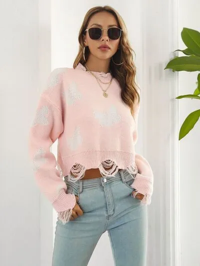 Distressed Butterfly Cropped Sweater