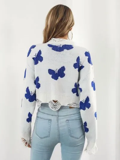 Distressed Butterfly Cropped Sweater