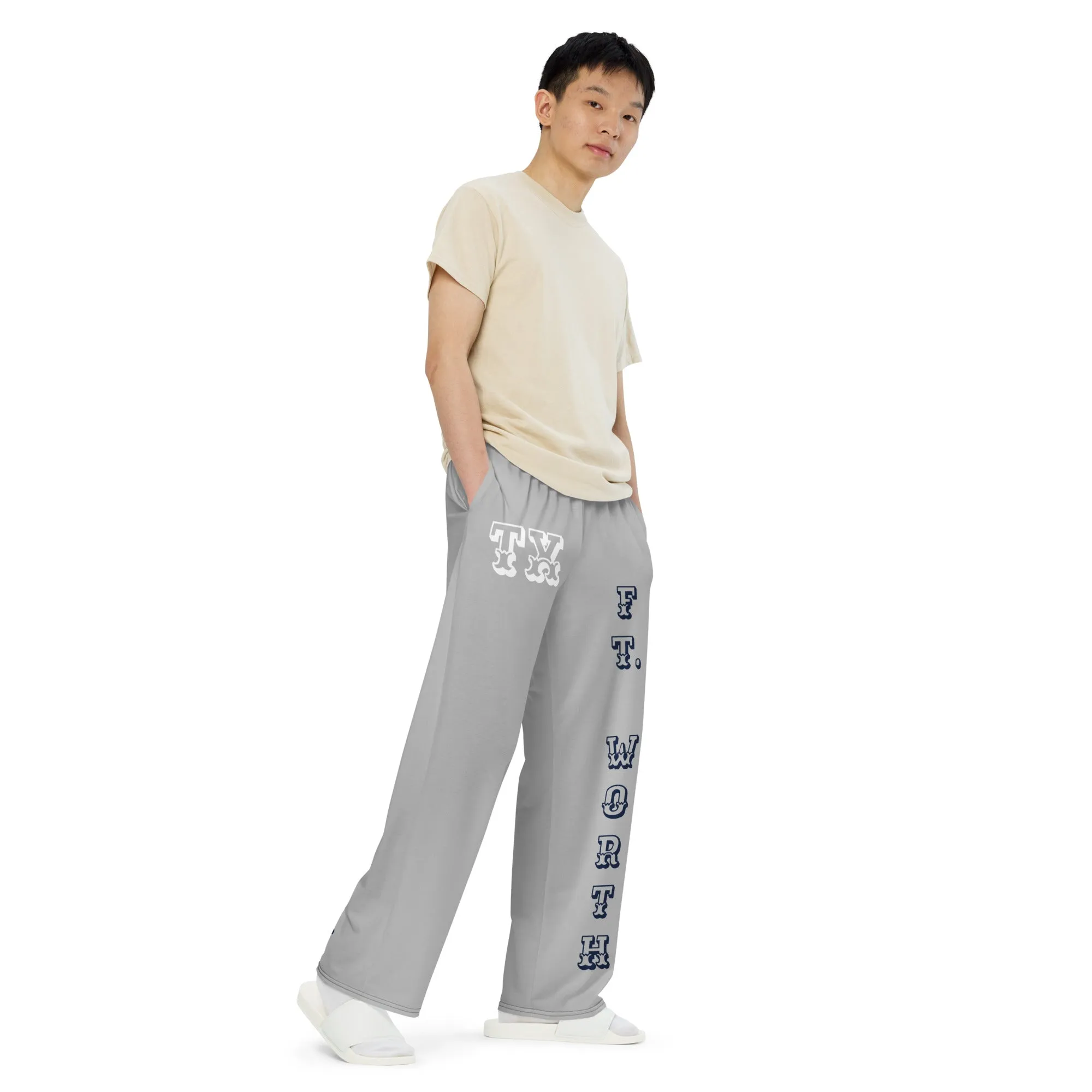 DJD TX- "It's A Ft. Worth Thang" Unisex Wide-Leg Pants Gray/Navy/White