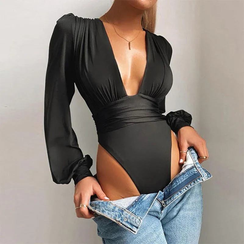 Elegant Deep V-Neck Long Sleeve Bodysuit with Silky Finish