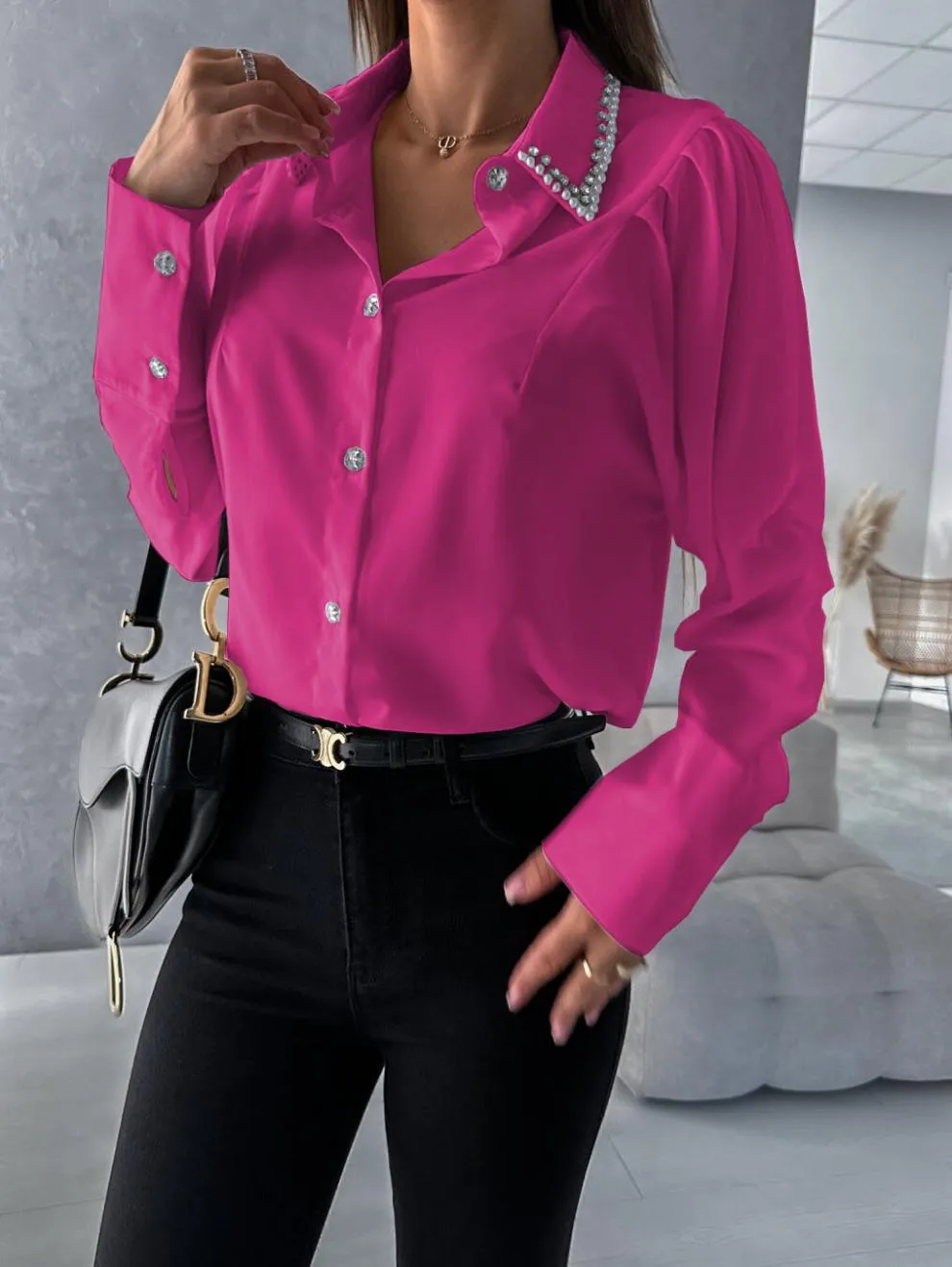 Elegant Diamond Button Long-Sleeve Shirt with Beaded Collar