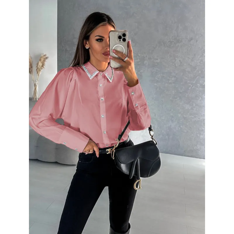 Elegant Diamond Button Long-Sleeve Shirt with Beaded Collar