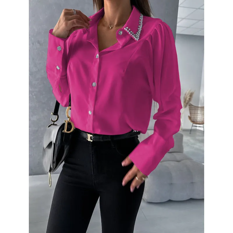 Elegant Diamond Button Long-Sleeve Shirt with Beaded Collar