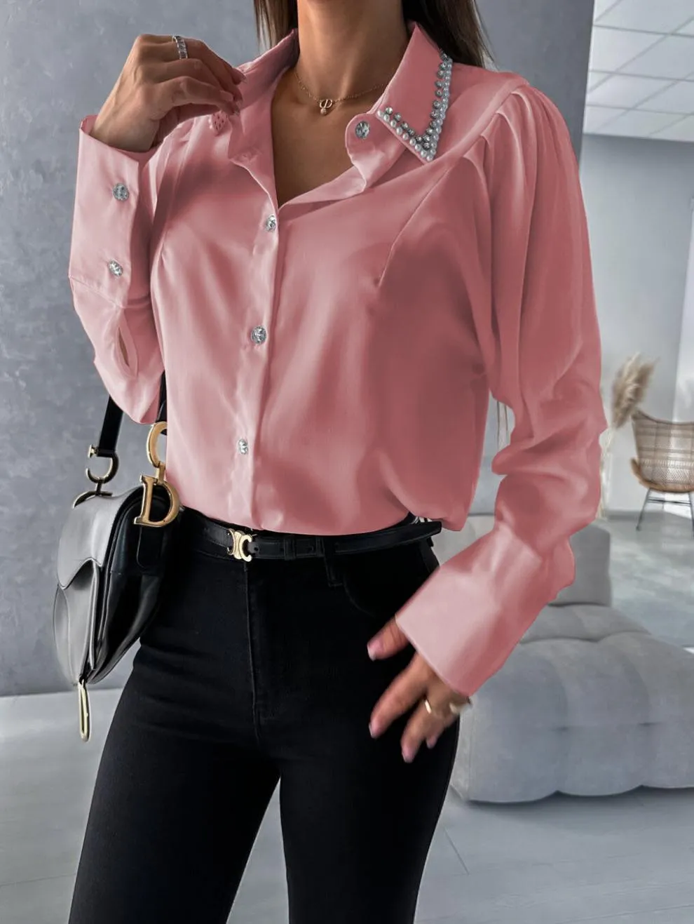 Elegant Diamond Button Long-Sleeve Shirt with Beaded Collar