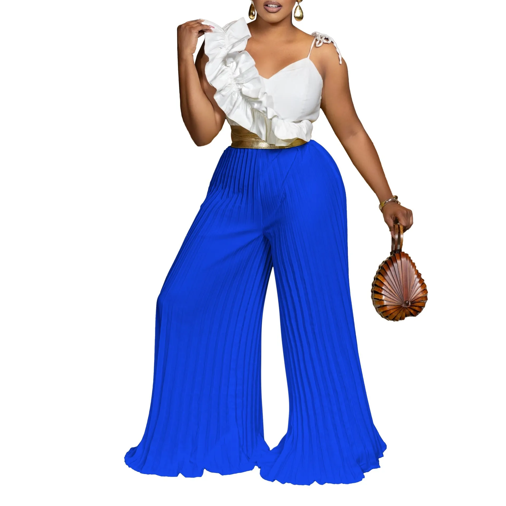 Elegant Ruffle Sleeveless Top and Wide-Leg Pants Two-Piece Fashion Set