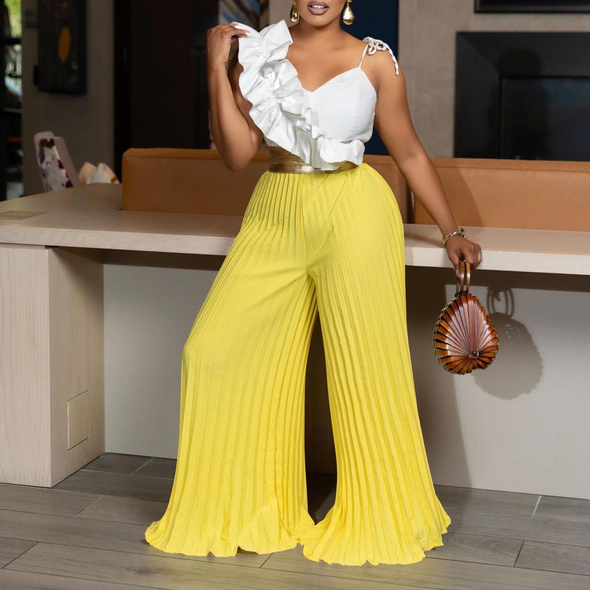 Elegant Ruffle Sleeveless Top and Wide-Leg Pants Two-Piece Fashion Set