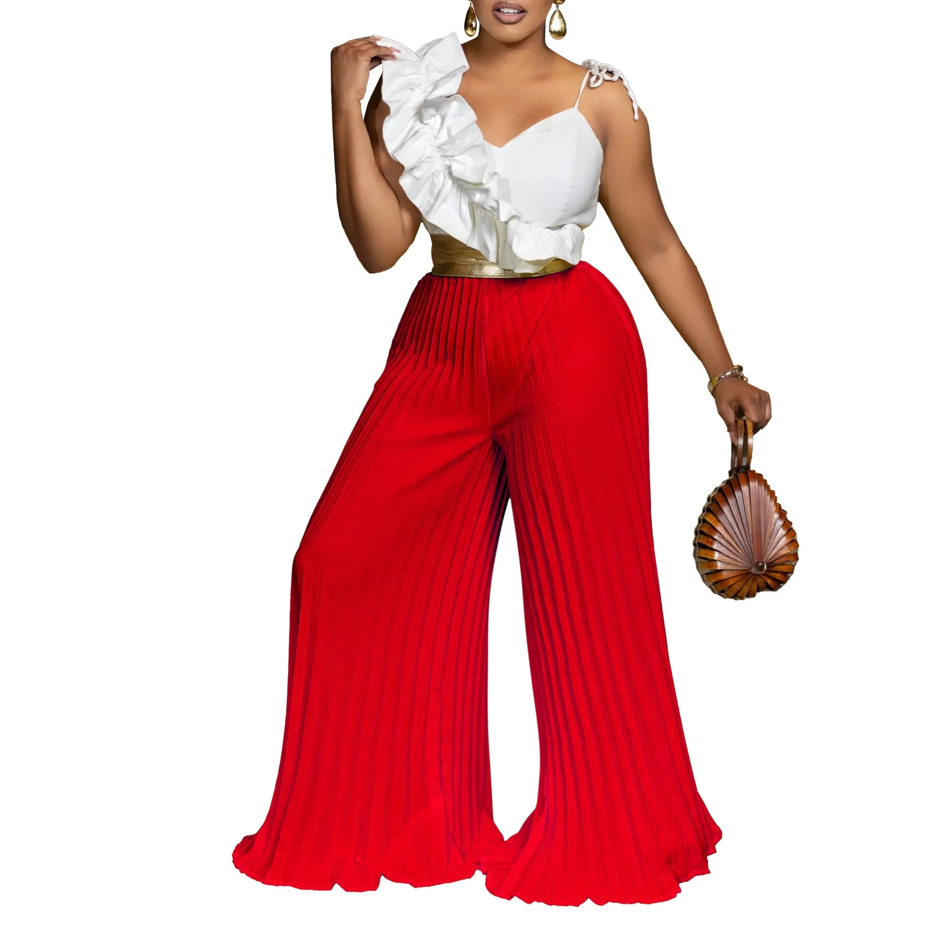Elegant Ruffle Sleeveless Top and Wide-Leg Pants Two-Piece Fashion Set
