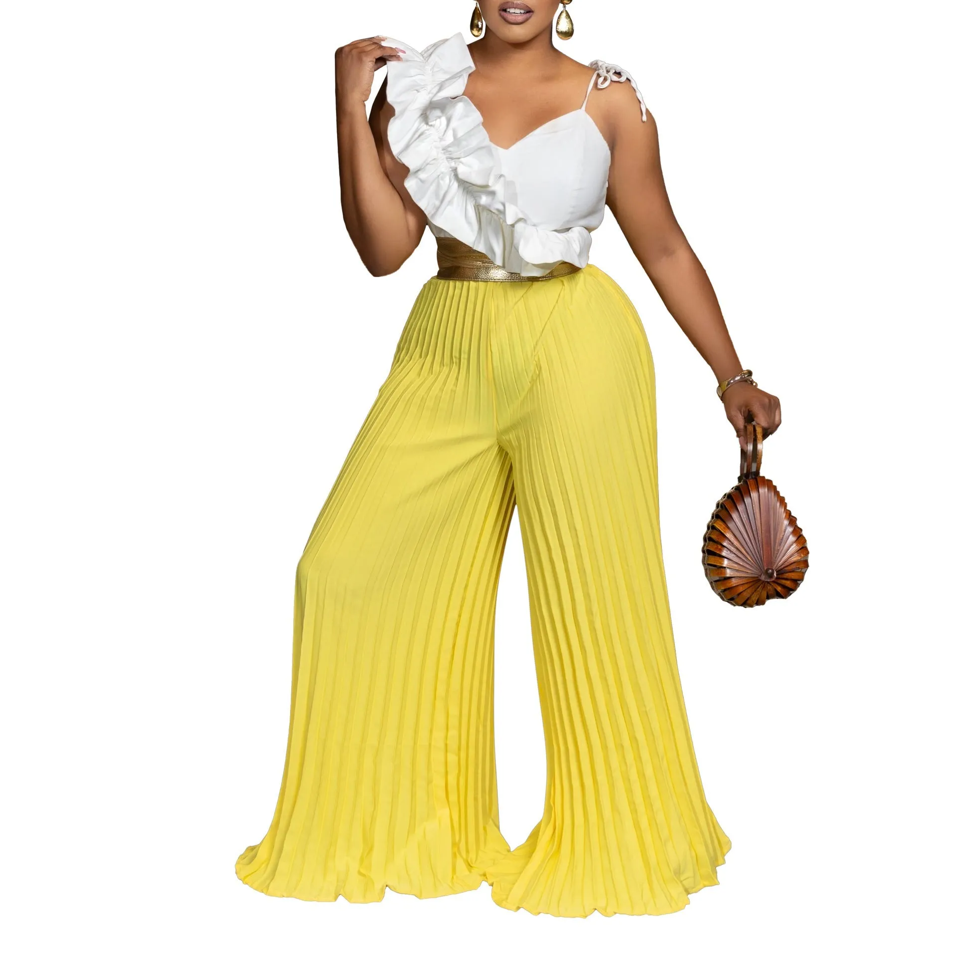 Elegant Ruffle Sleeveless Top and Wide-Leg Pants Two-Piece Fashion Set