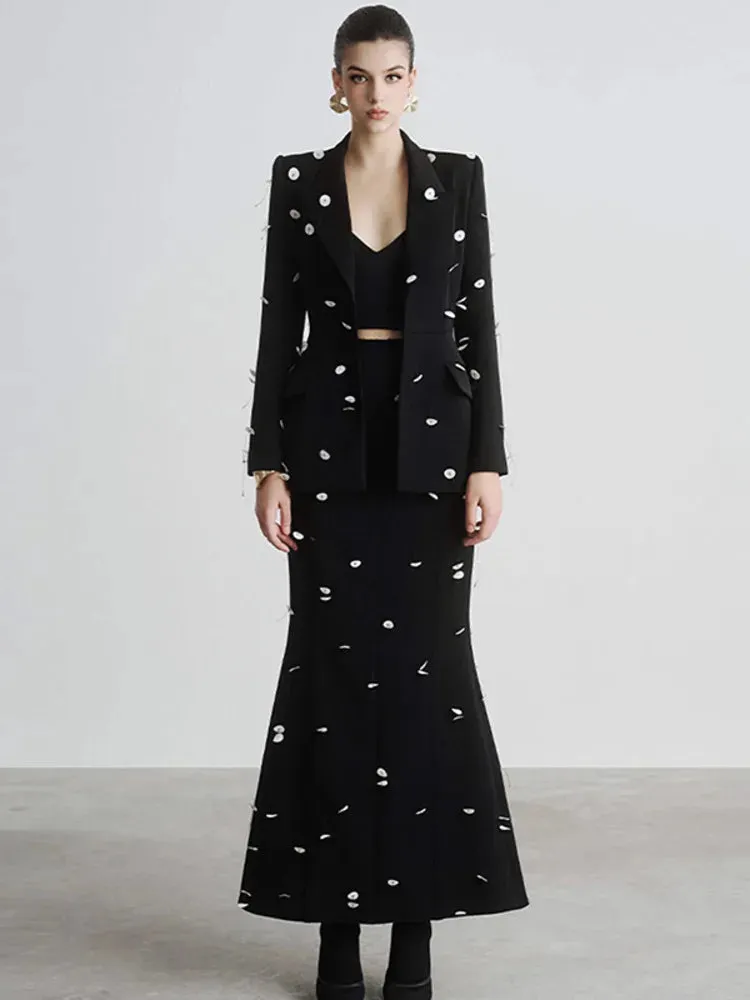Elegant Sequins Beading Notched Blazer Long Mermaid Skirt