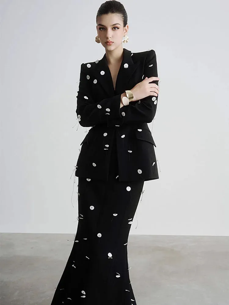 Elegant Sequins Beading Notched Blazer Long Mermaid Skirt